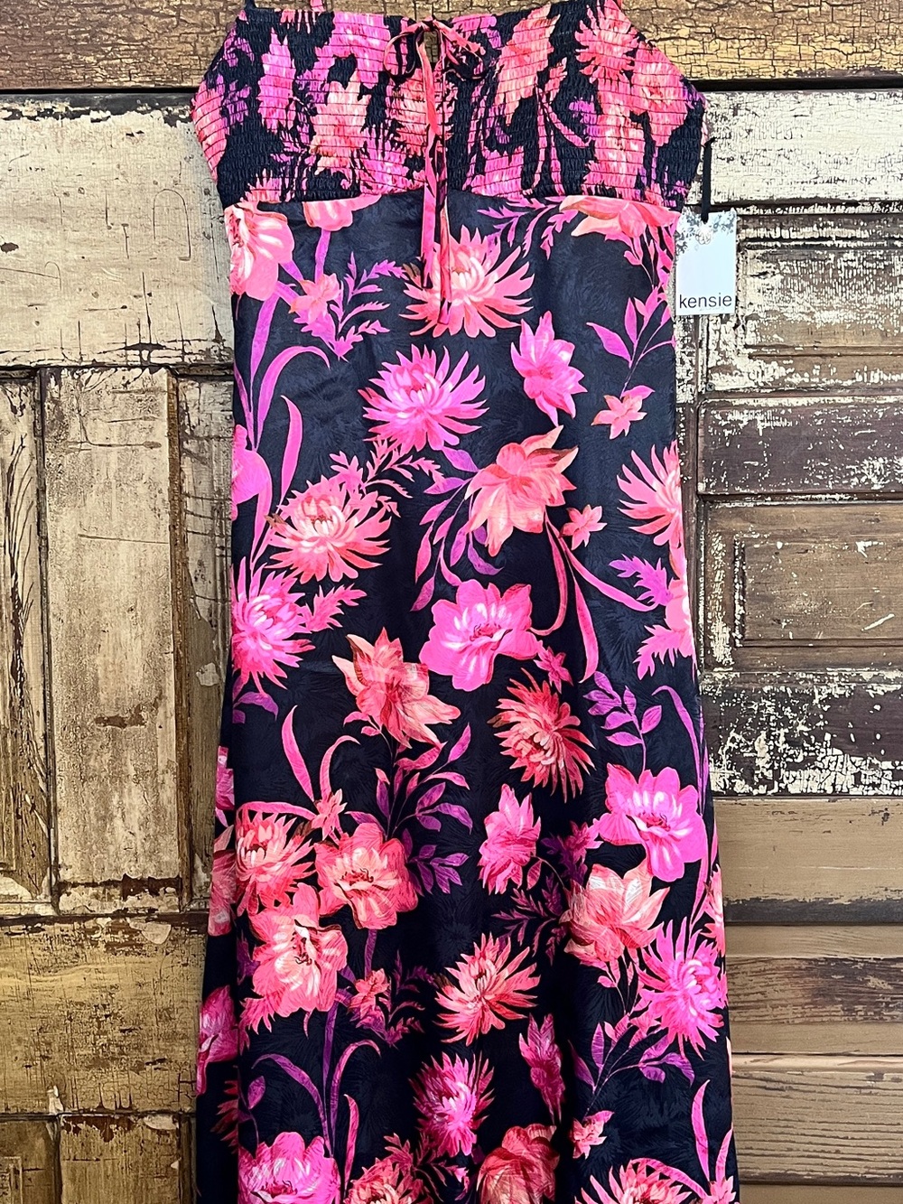 Kensie Black Maxi Dress with Fuchsia Floral Print